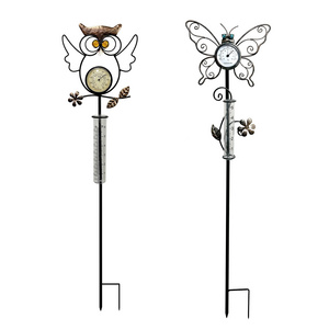 Waterproof Rain Gauge Garden Rustproof Metal Butterfly & Owl with Thermometer Decorative Rain Gauge Stake