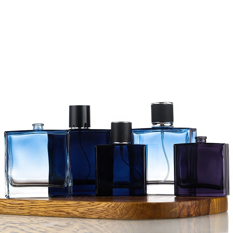 Luxury 50ml/100ml dark blue glass perfume bottle Rectangular men's perfume spray bottle