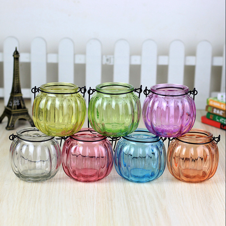 Portable Luxury Candle Vessels Custom Color Pumpkin Shaped Glass Candle Jar with Handle