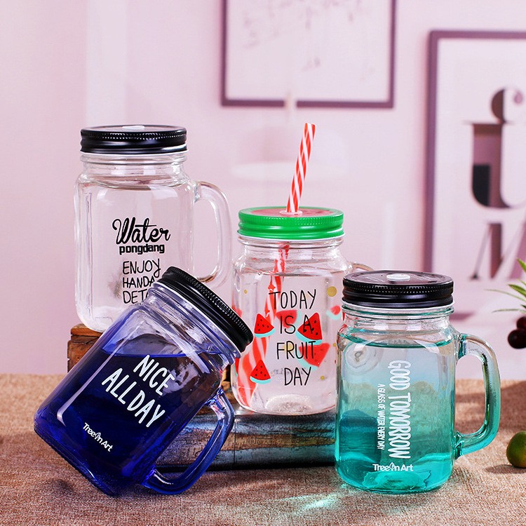 Regular Mouth Multi Colored Lids Old Fashioned Drinking Glass Set 16 Oz Mason Jar With Handle And Straws Plastic Straw Hole Lids