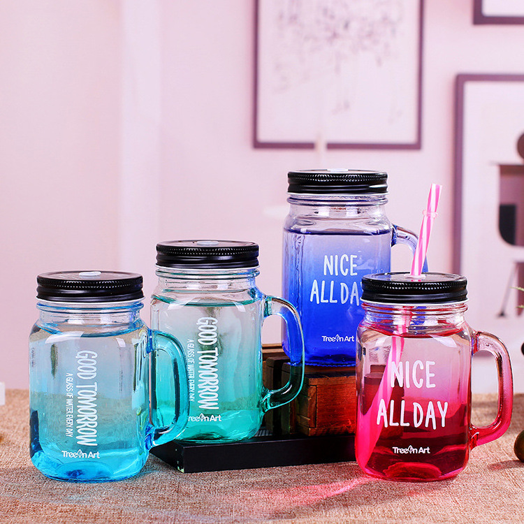 Regular Mouth Multi Colored Lids Old Fashioned Drinking Glass Set 16 Oz Mason Jar With Handle And Straws Plastic Straw Hole Lids