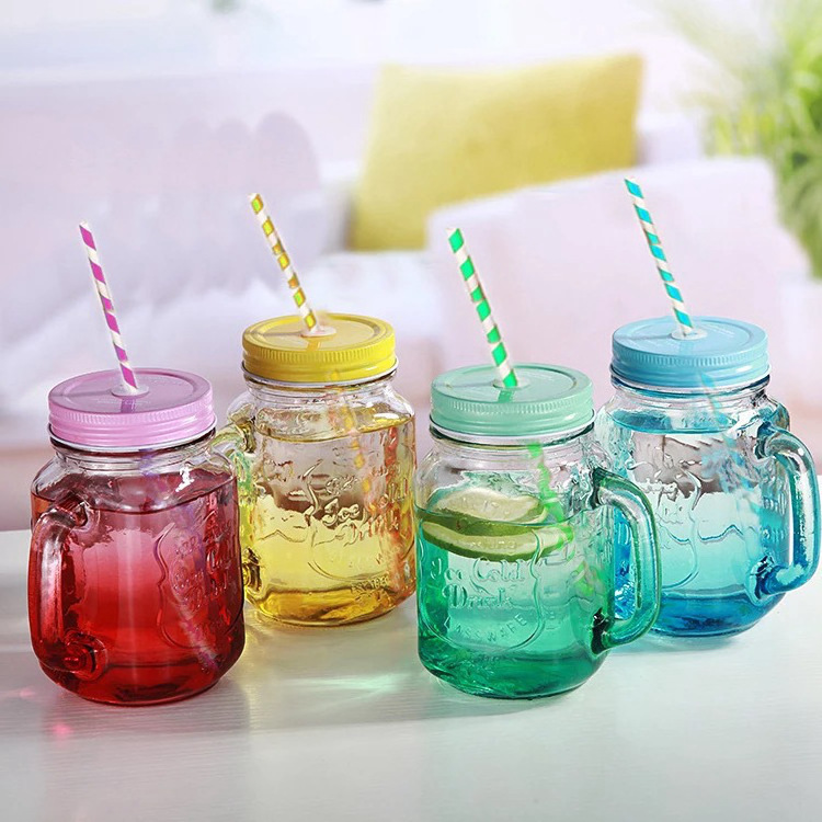 Regular Mouth Multi Colored Lids Old Fashioned Drinking Glass Set 16 Oz Mason Jar With Handle And Straws Plastic Straw Hole Lids