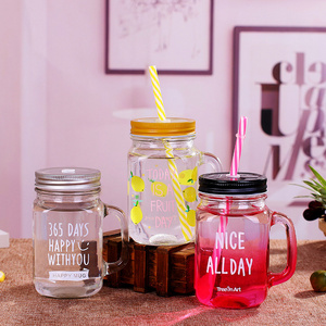 Regular Mouth Multi Colored Lids Old Fashioned Drinking Glass Set 16 Oz Mason Jar With Handle And Straws Plastic Straw Hole Lids