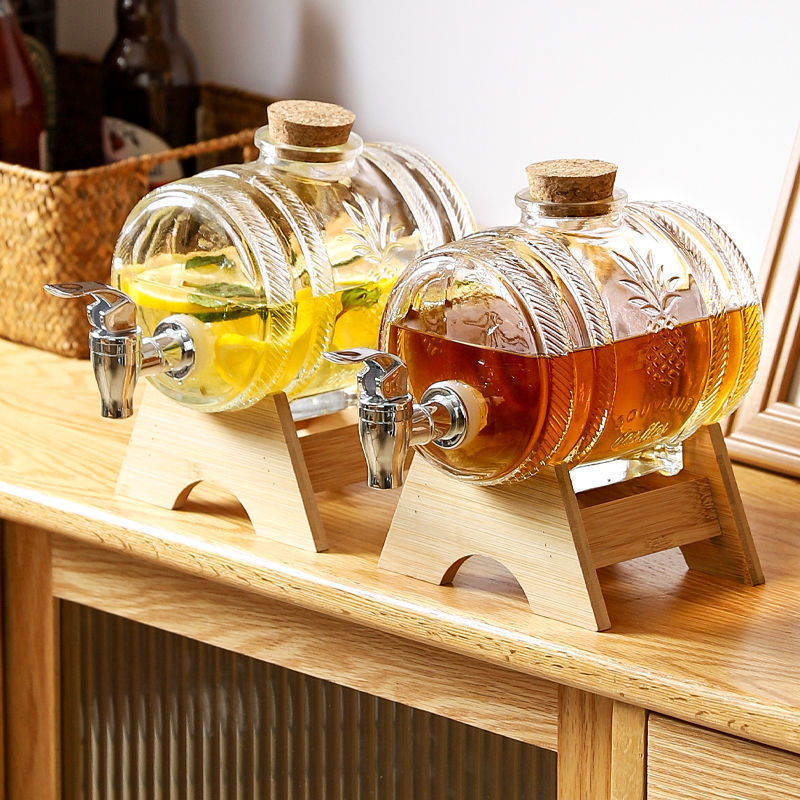 Beer Pourer Barrel Wine Dispenser Container with Tap and Wooden Stand Glass Bottle Glass Beverage Dispenser for Home Kitchen