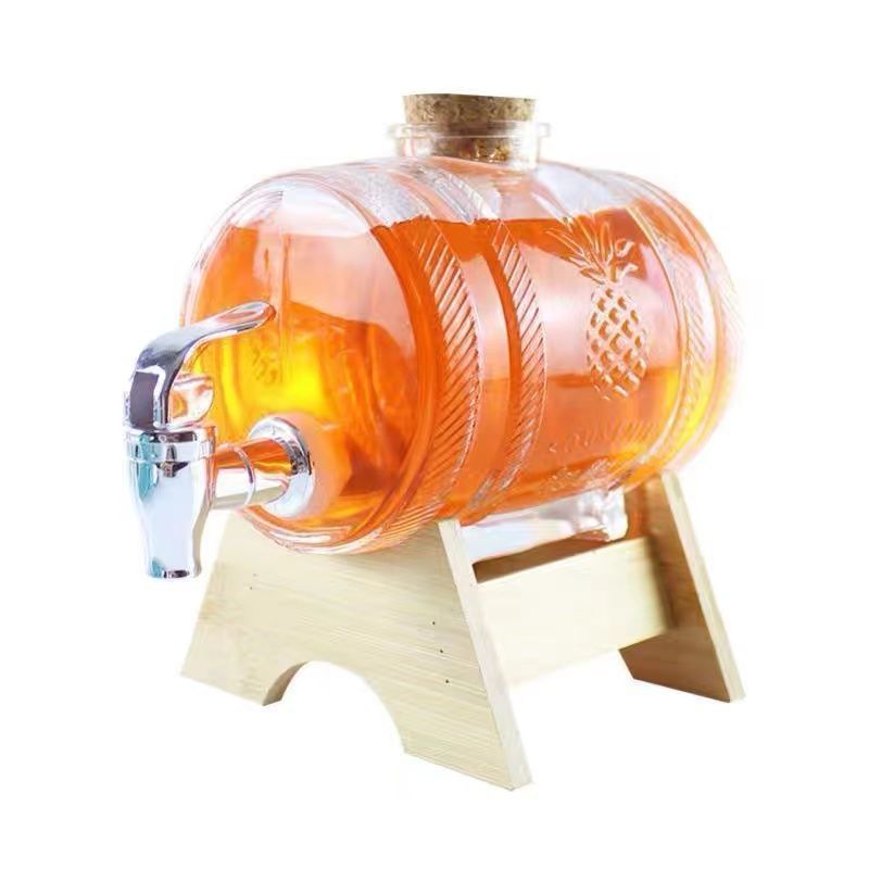 Beer Pourer Barrel Wine Dispenser Container with Tap and Wooden Stand Glass Bottle Glass Beverage Dispenser for Home Kitchen