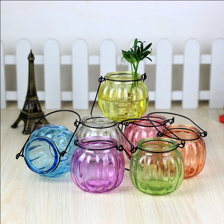 Portable Luxury Candle Vessels Custom Color Pumpkin Shaped Glass Candle Jar with Handle