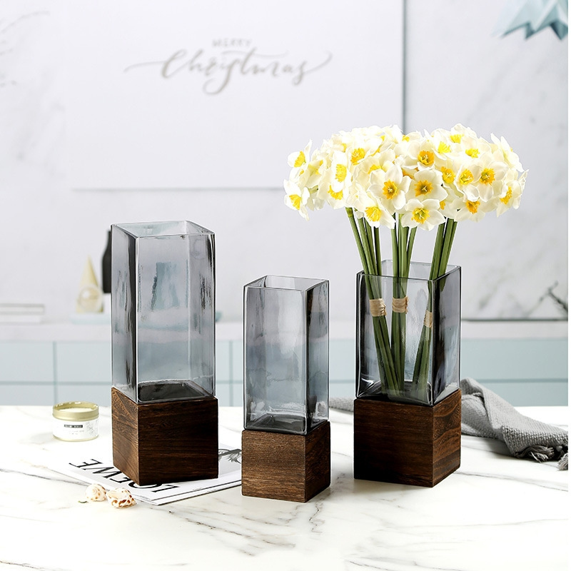 Creative internet celebrity new retro light luxury ornaments Wooden tray flower arrangement, water-based decoration, glass vase