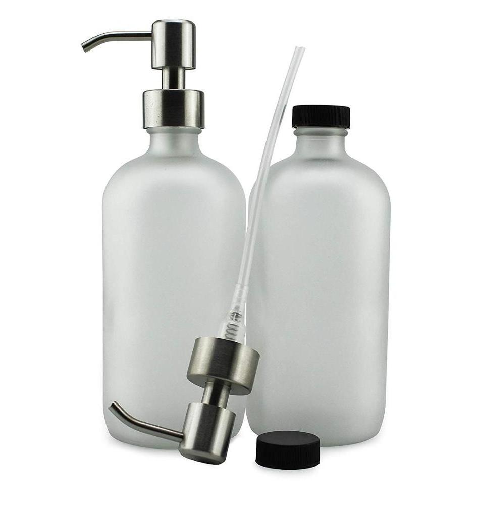 16OZ Round Empty Lotion Pump Bottles Frosted Glass Soap Dispenser With Stainless Steel Pumps