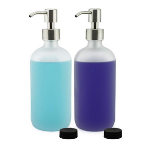 16OZ Round Empty Lotion Pump Bottles Frosted Glass Soap Dispenser With Stainless Steel Pumps