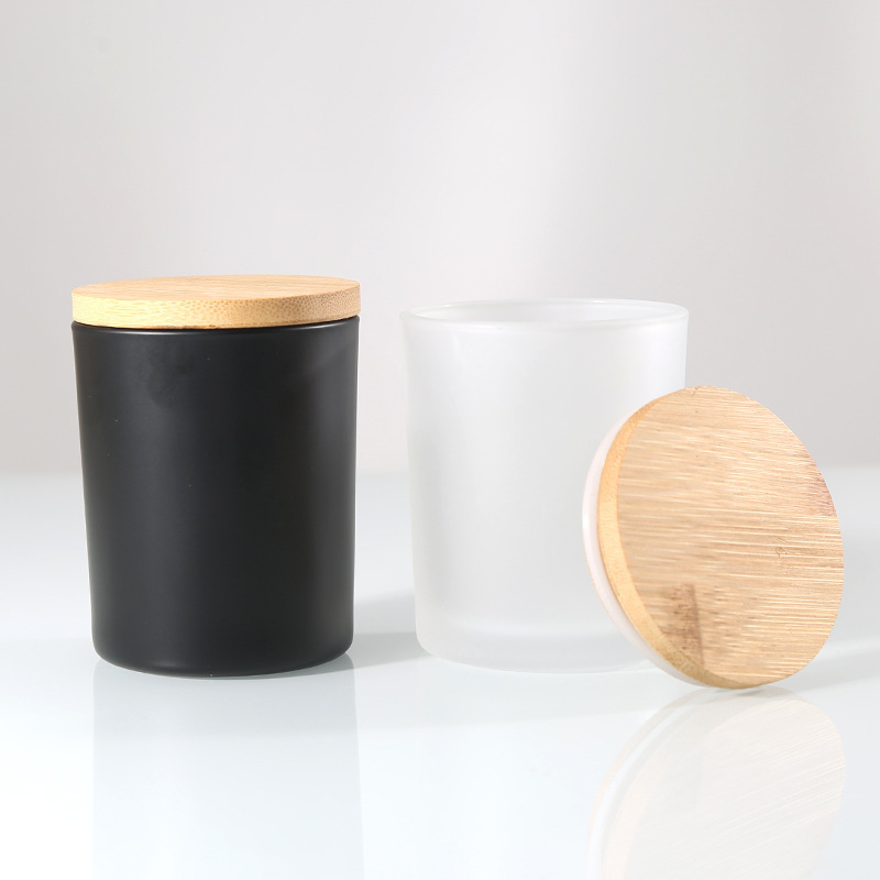 Wholesale 200ml  300ml colorful frosted amber black empty glass candle jar with Bamboo Lid