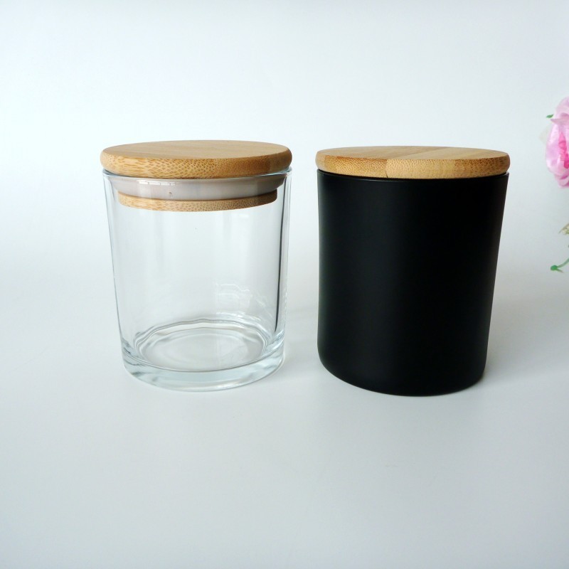 Wholesale 200ml  300ml colorful frosted amber black empty glass candle jar with Bamboo Lid