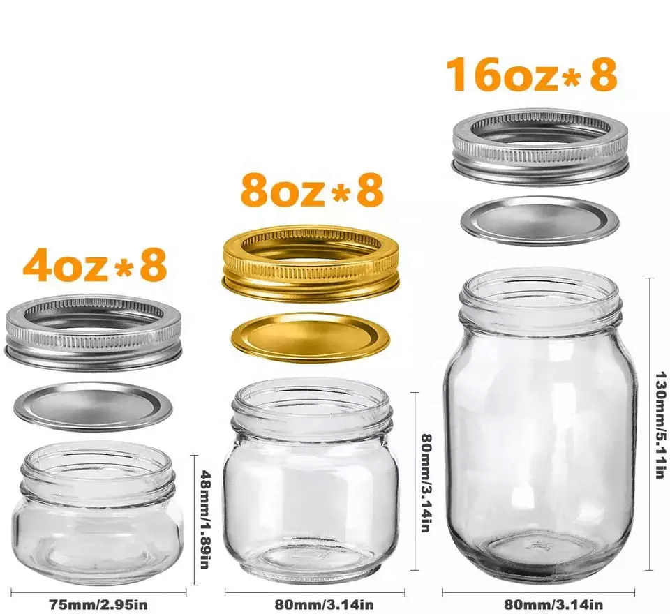 4oz 8oz 16oz  round Wide Mouth airtight glass mason jar with split tops lid for canning honey food storage