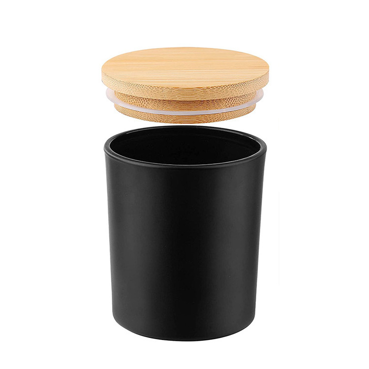 Luxury empty round Matte Black Glass Candle Jars vessel container with bamboo lids for scented fragrance candle making