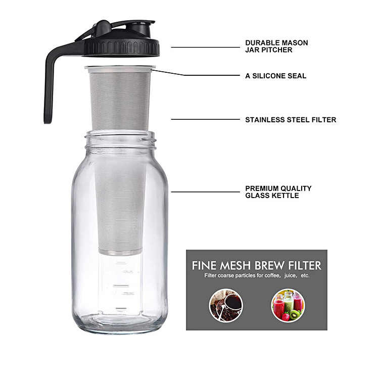 wholesale Cold Brew Coffee Maker jar 64oz Thick Glass Multipurpose Mason Pitcher Spout Lid with Stainless Steel Filter