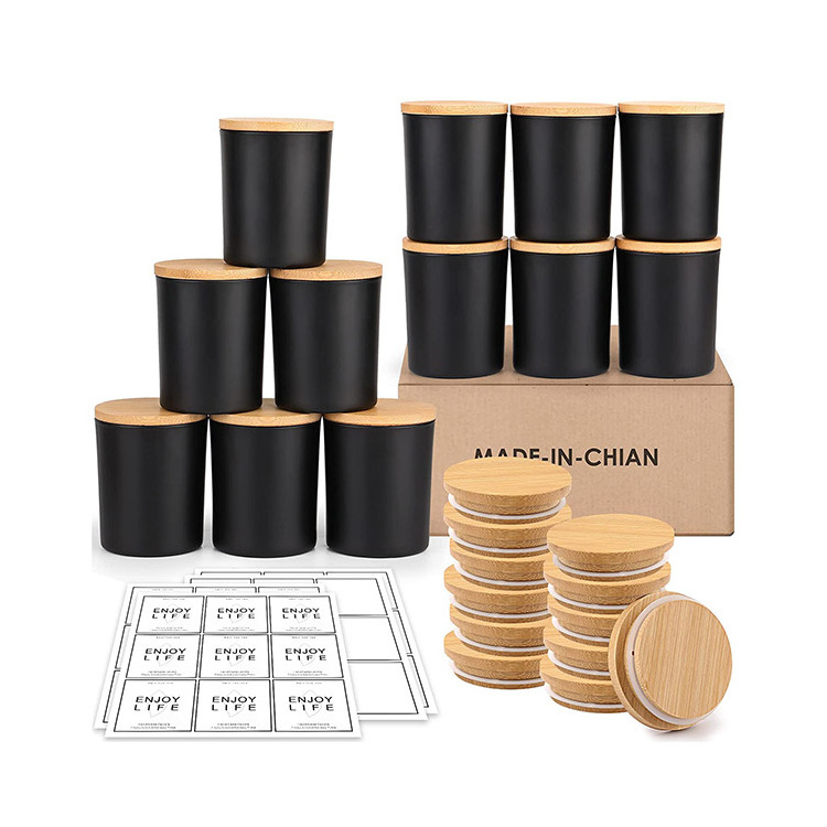 Luxury empty round Matte Black Glass Candle Jars vessel container with bamboo lids for scented fragrance candle making