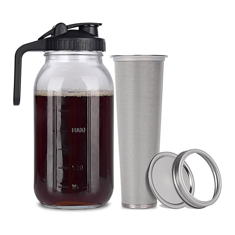 wholesale Cold Brew Coffee Maker jar 64oz Thick Glass Multipurpose Mason Pitcher Spout Lid with Stainless Steel Filter