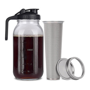 wholesale Cold Brew Coffee Maker jar 64oz Thick Glass Multipurpose Mason Pitcher Spout Lid with Stainless Steel Filter