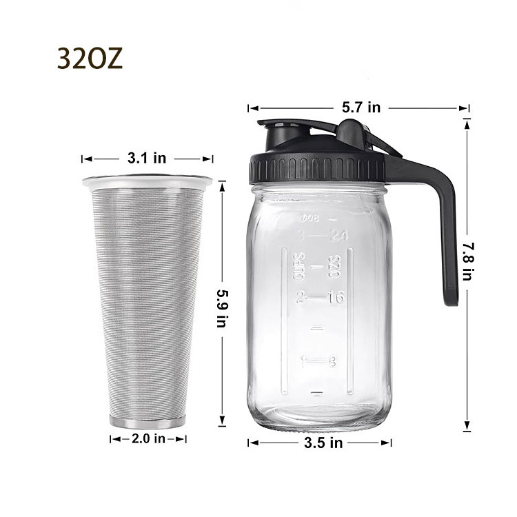 wholesale Cold Brew Coffee Maker jar 64oz Thick Glass Multipurpose Mason Pitcher Spout Lid with Stainless Steel Filter