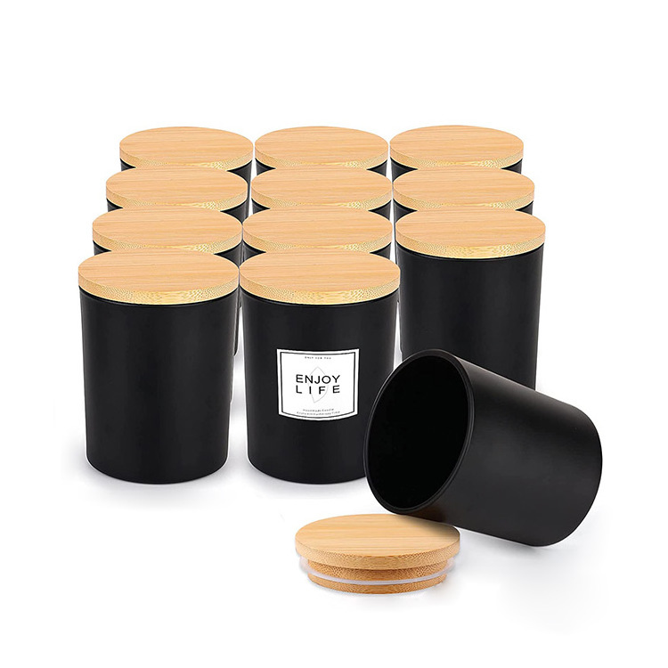 Luxury empty round Matte Black Glass Candle Jars vessel container with bamboo lids for scented fragrance candle making