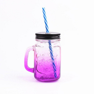 Reusable Drinking Containers with Colorful Airtight Lids Customized Glass Straws Mugs 16 oz Mason Jars with Handle