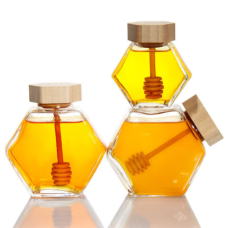 Wholesale 220ml 380ml Glass Honey Pot with Wooden Dipper Honey Container StorageClear Honeypot for Home Kitchen