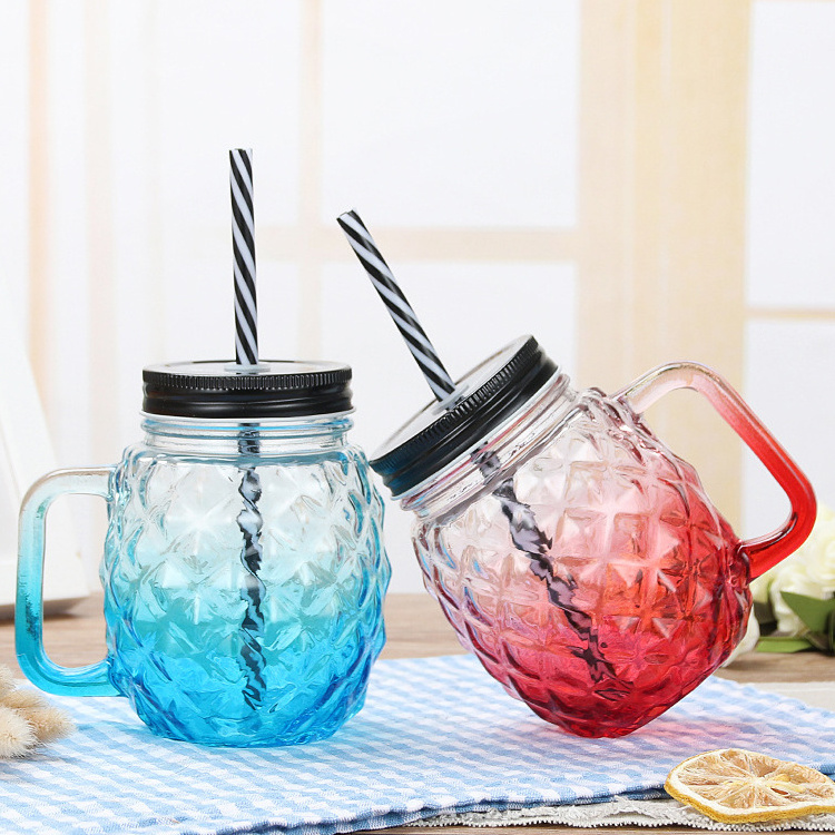 Pineapple Shape Gradient Color Mason Jar Cups Mason Jars With Handle And Lids Mason Jar Drinking Glasses Mugs 16 oz