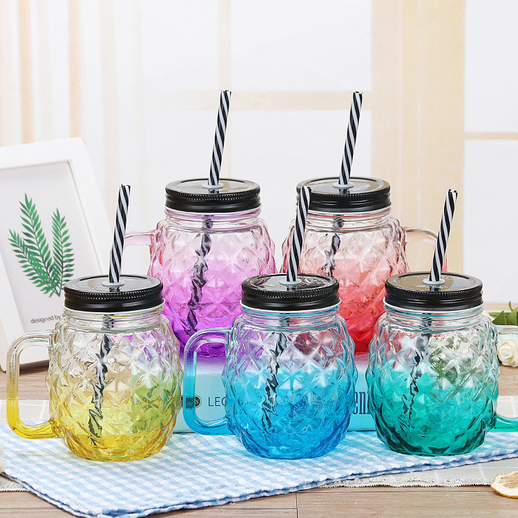 Pineapple Shape Gradient Color Mason Jar Cups Mason Jars With Handle And Lids Mason Jar Drinking Glasses Mugs 16 oz