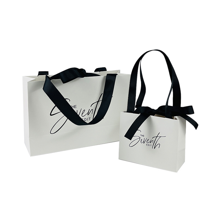 Custom White Paper Bag With Ribbon Uv Printing Logo Clothing Wigs Candle Packaging Bags For Small Business Paper Bag