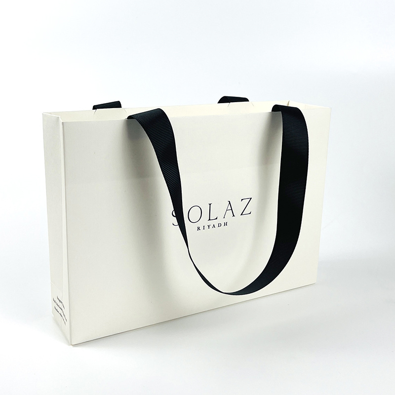 factory custom white paper bag logo printing paperbag shopping gift paper bag with ribbon handle bolsa de papel