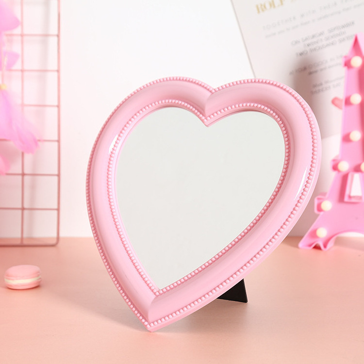 Mini Lovely Heart Shape Mirror Tabletop Portable Cosmetic Mirror Wall Hanging Vanity Mirror For Woman Pink