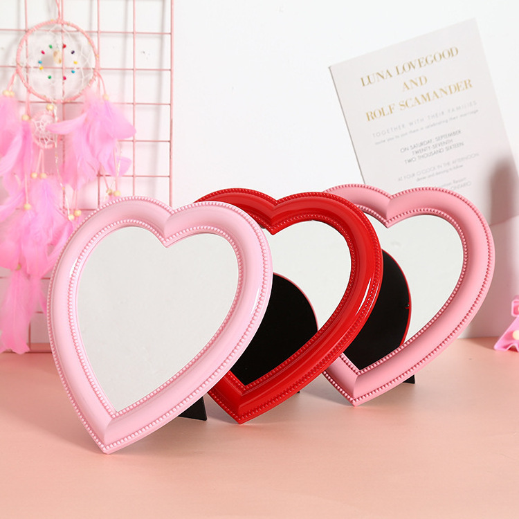 Mini Lovely Heart Shape Mirror Tabletop Portable Cosmetic Mirror Wall Hanging Vanity Mirror For Woman Pink