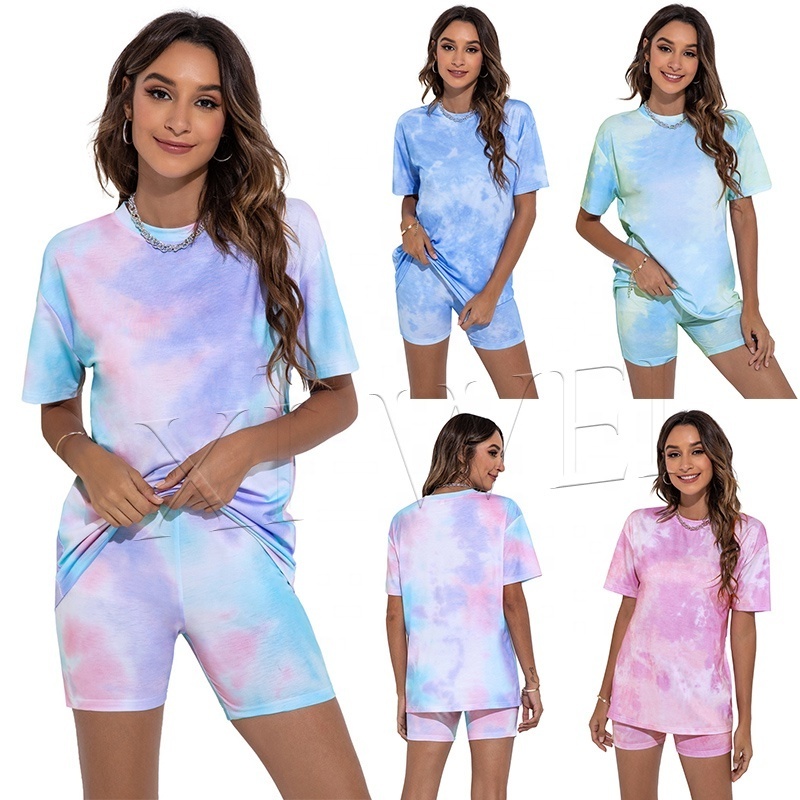 New shelves women's short-sleeved T-shirt casual set fashion tie-dye print biker shorts sports ladies short pants two piece