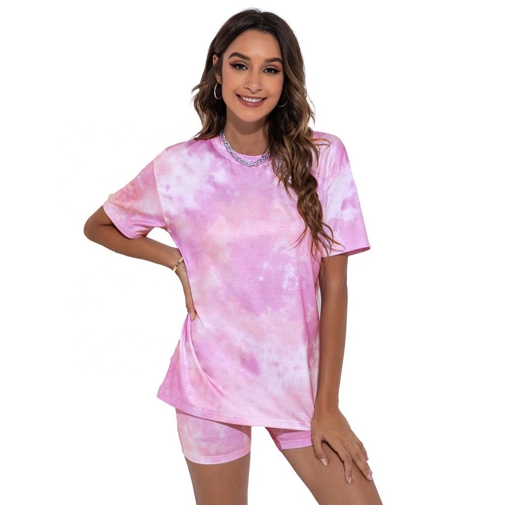 New shelves women's short-sleeved T-shirt casual set fashion tie-dye print biker shorts sports ladies short pants two piece