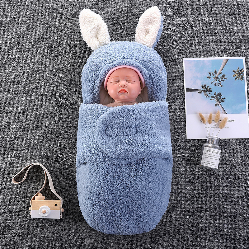 High Hope Winter Faux Cashmere Baby Wrap Swaddle Windproof Hooded Rabbit Ear Swaddle 0-6 Months Baby Stroller Sleeping Bags