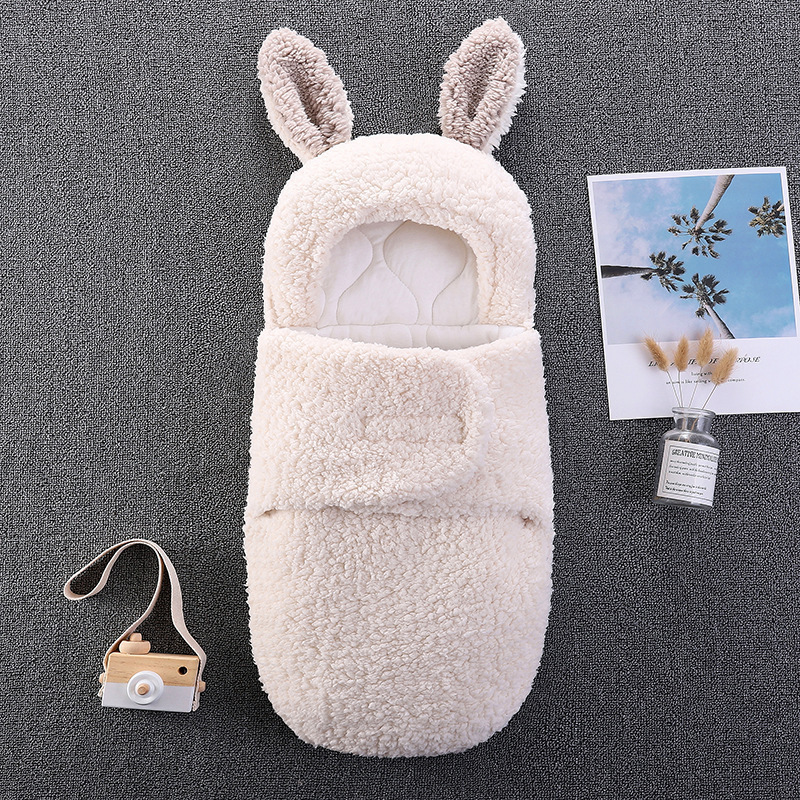 High Hope Winter Faux Cashmere Baby Wrap Swaddle Windproof Hooded Rabbit Ear Swaddle 0-6 Months Baby Stroller Sleeping Bags