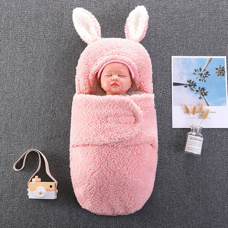 High Hope Winter Faux Cashmere Baby Wrap Swaddle Windproof Hooded Rabbit Ear Swaddle 0-6 Months Baby Stroller Sleeping Bags