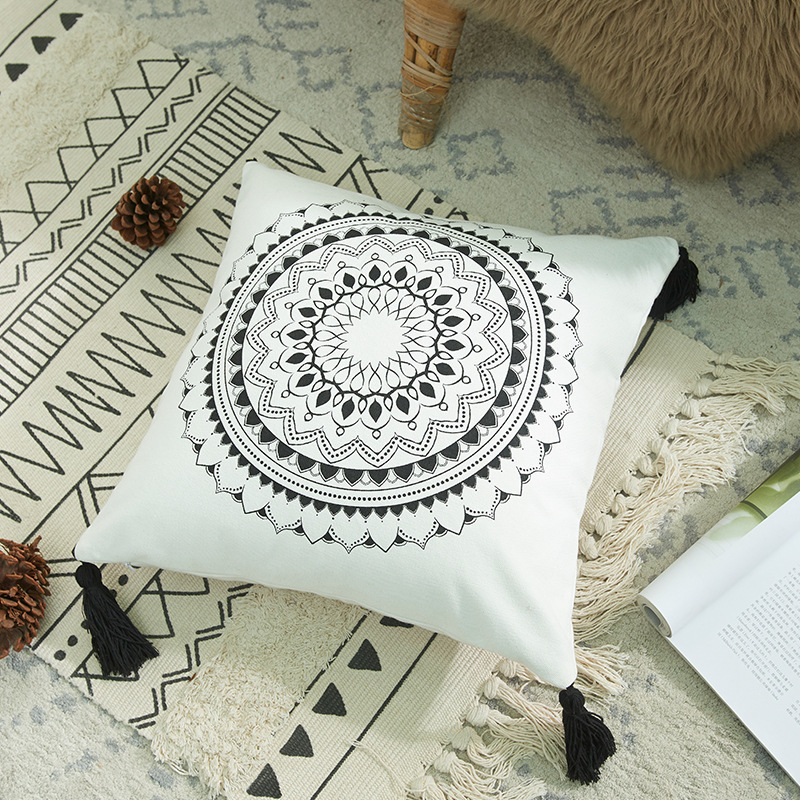 Cygnus Bohemian Moroccan Canvas Printed Tassel Cotton Pillow Cover Sofa Cushion Cover