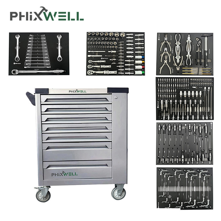 FHIXWELL Steel 7 drawers tool cabinet workshop tool trolley and box with hand tools sets