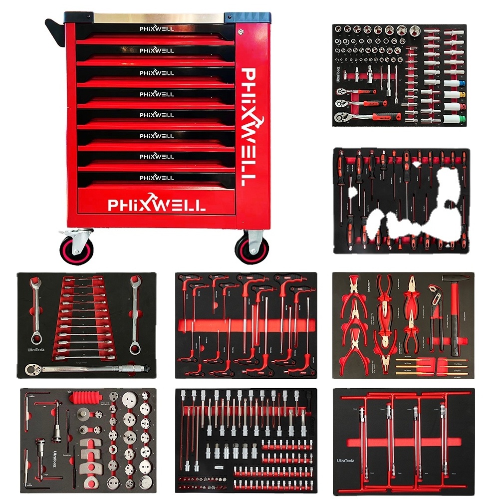 Workshop Trolley 7 Drawers metal tool cabinet Side sliding door with hand tool set tool chest