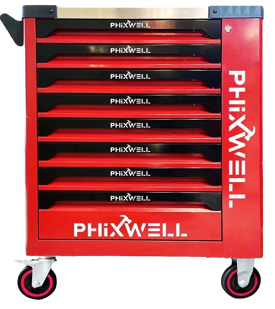 PHIXWELL Professional 8 Drawers Steel Garage Tool Mechanic Chest Cabinet Trolley Set With Tools