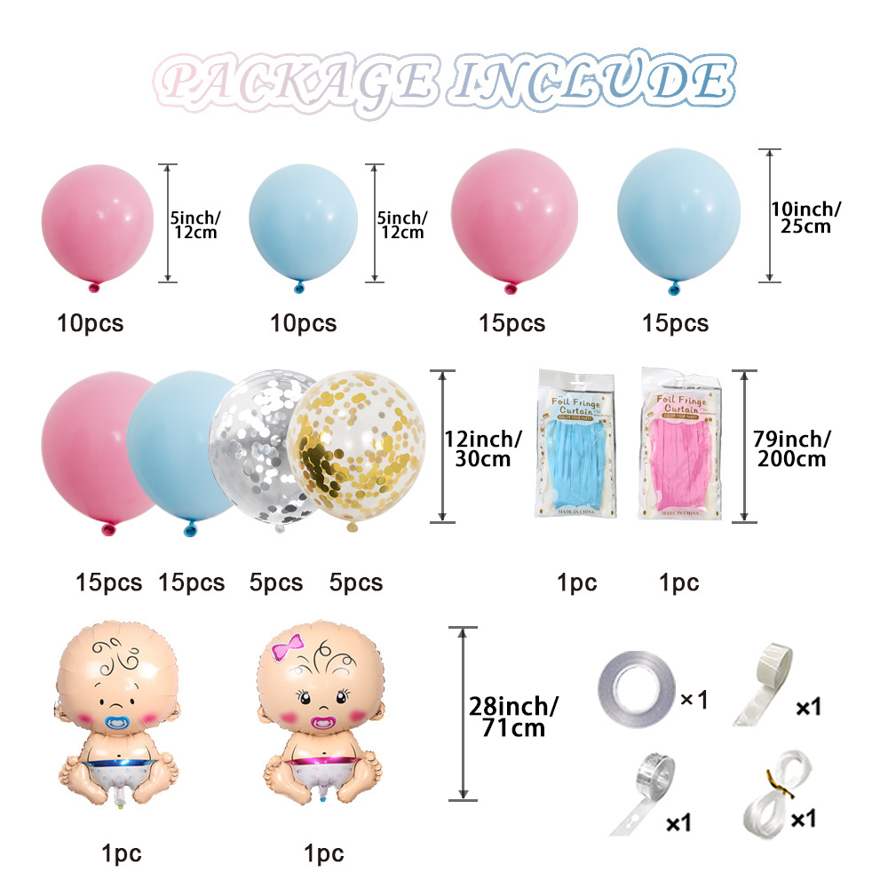 Gender reveal baby shower decorations with pastel  pink and blue party balloons with baby boy girl foil balloon