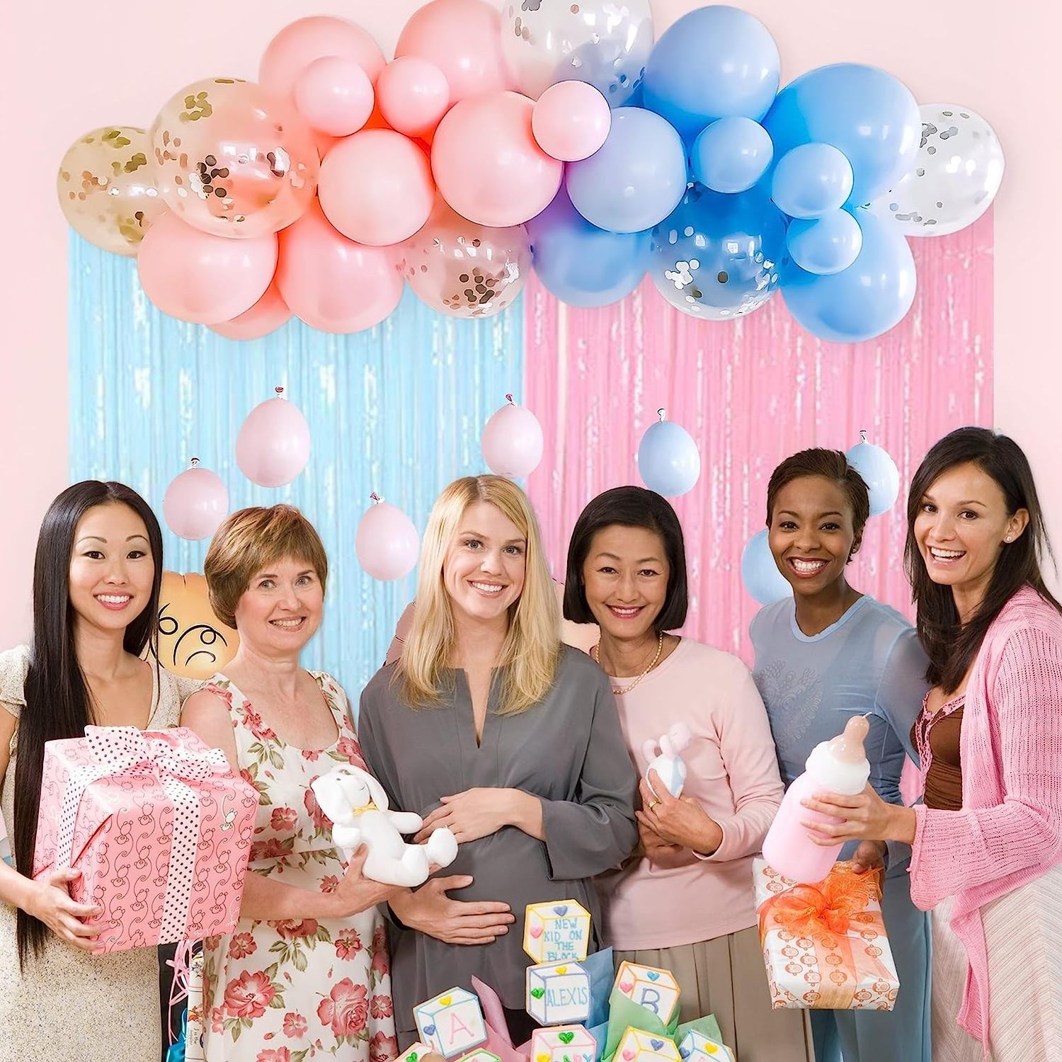 Gender reveal baby shower decorations with pastel  pink and blue party balloons with baby boy girl foil balloon