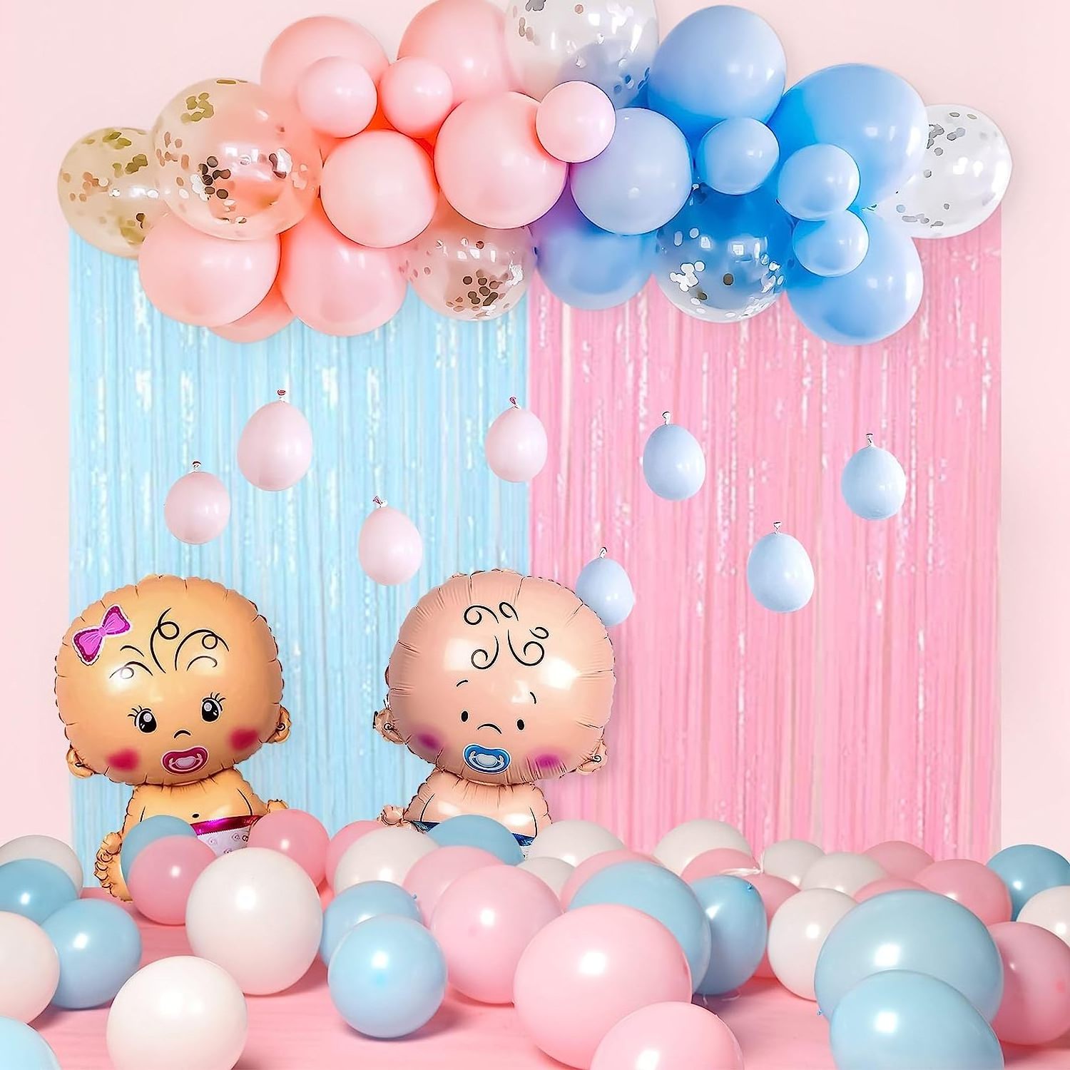 Gender reveal baby shower decorations with pastel  pink and blue party balloons with baby boy girl foil balloon