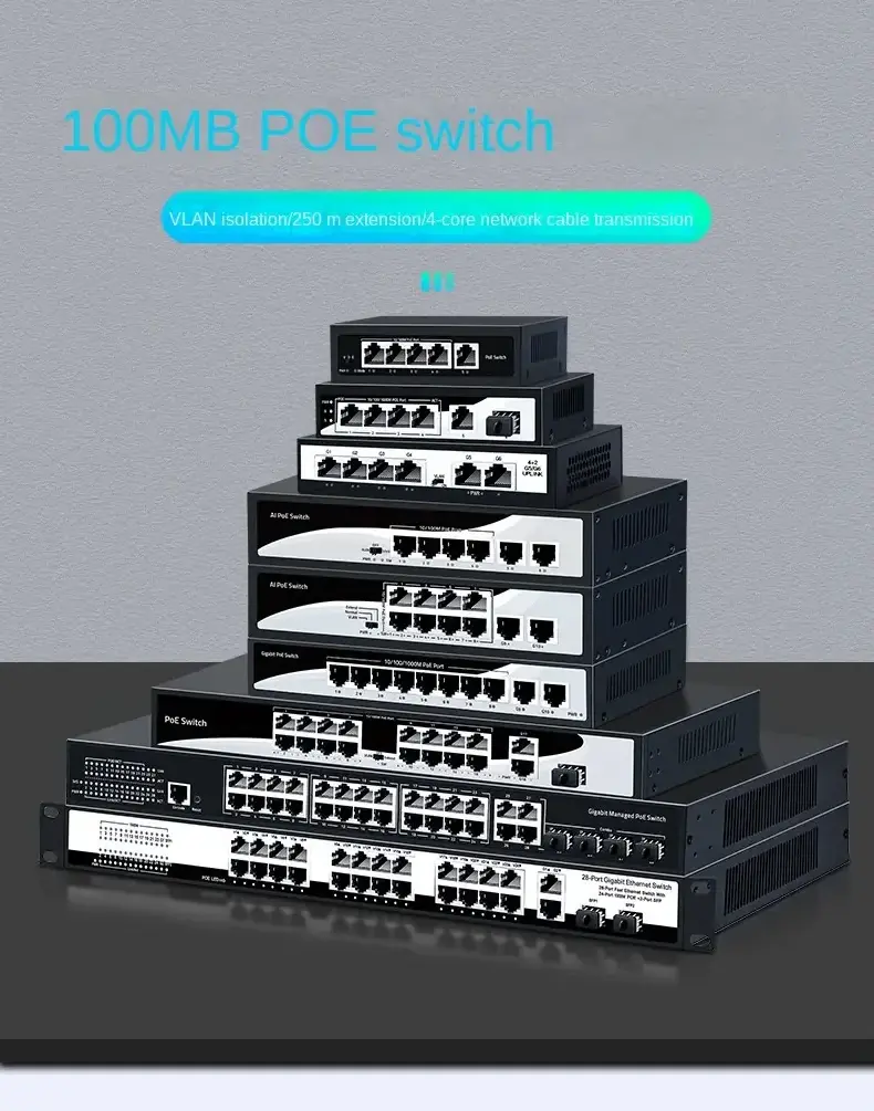 XXD factory whole sale 4/8/16/24 port network switch 48V active poe switch 150w standard AF/AT POE 100Mbps switch