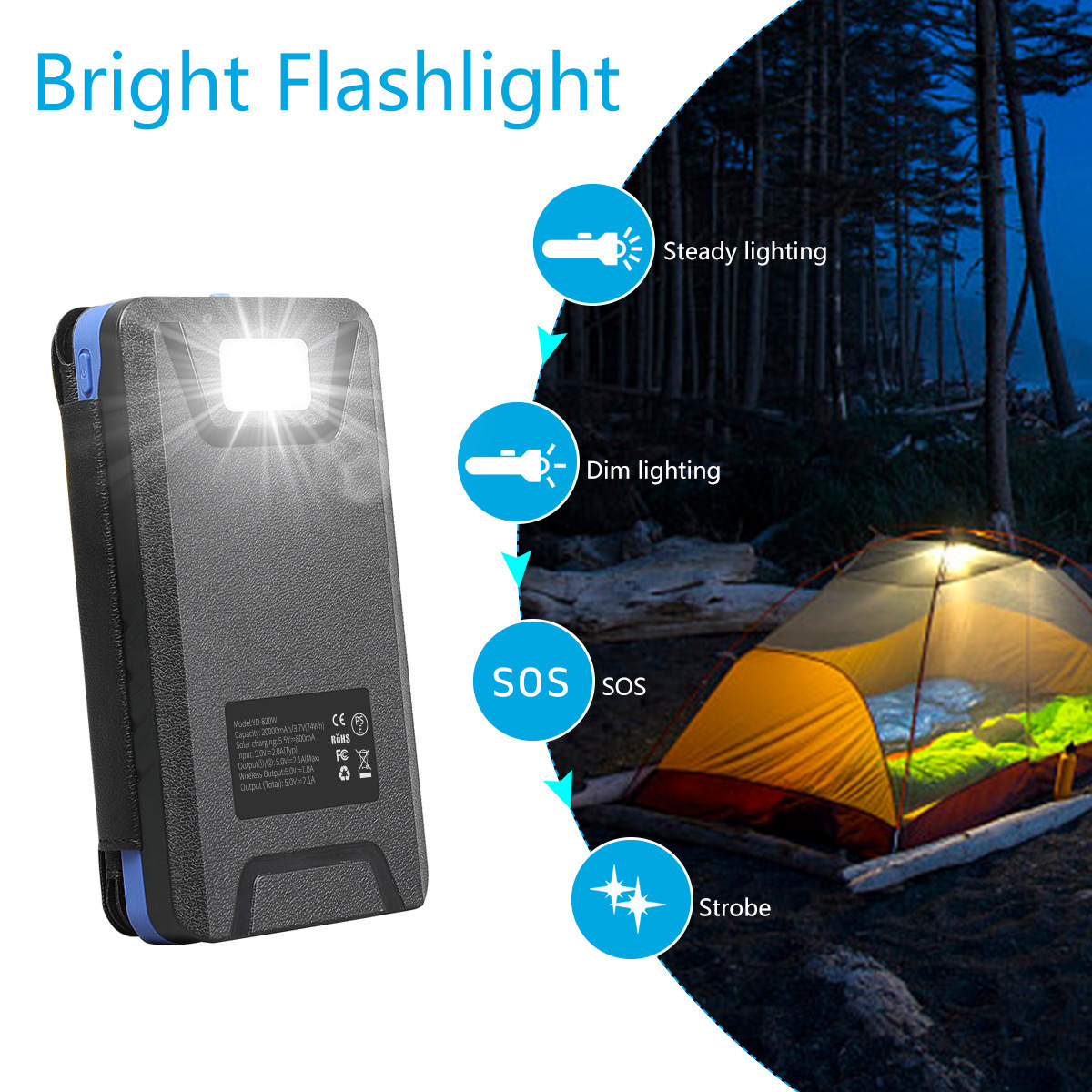 Multi-function Foldable Solar Panel Power Bank Light 10000mah Mobile Phone Laptop Charger for Camping Travel Li-polymer Battery