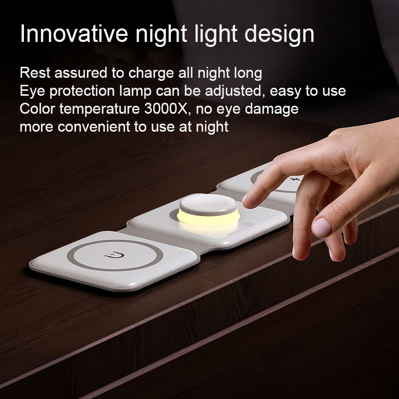 Portable Mobile Phone Multifunction 15W Wireless Fast Charger Type-C Folding LED Light 3 in 1 Magnetic Wireless Charger