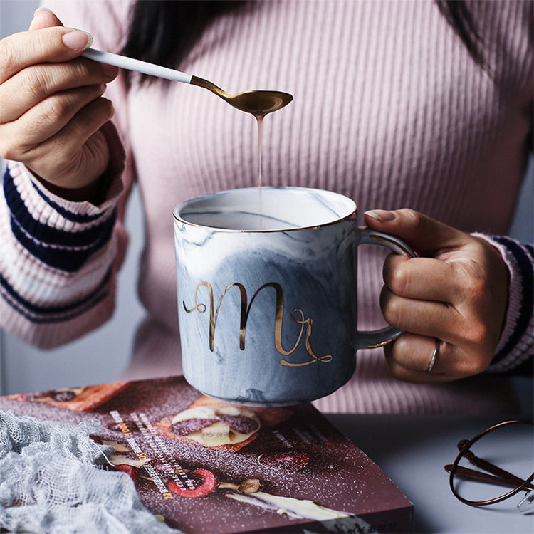 Custom Mr Mrs Gender Personalised Mug Marble Golden Edge Handle Ceramic Coffee Mug Gift Set Tea Cup