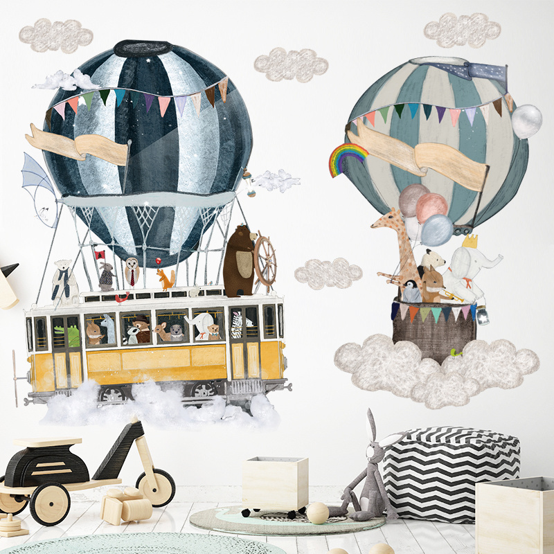 Cartoon animal hot air balloon bus train wall sticker for kindergarten children's room living room bedroom home decor wall decal