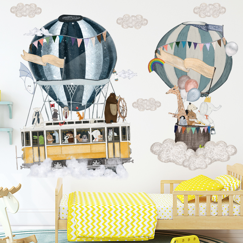 Cartoon animal hot air balloon bus train wall sticker for kindergarten children's room living room bedroom home decor wall decal