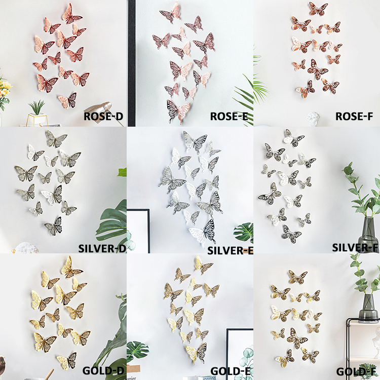 QAKGL Paper 12 Pieces hollow wall stickers Rose gold butterfly 3d stickers for home decorations and wedding decorations